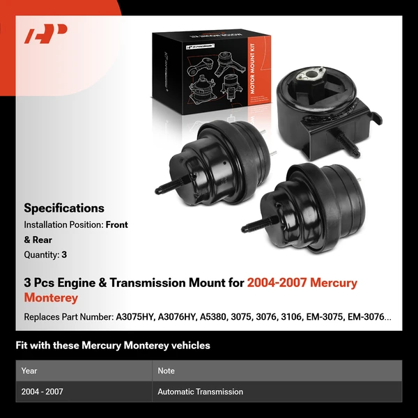 3 Pcs Engine & Transmission Mount for 2004-2007 Mercury Monterey