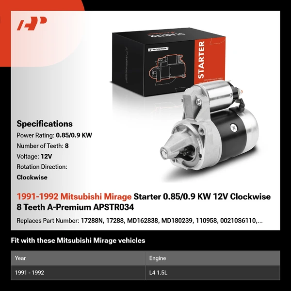 1991-1992 Mitsubishi Mirage Starter 0.85/0.9 KW 12V Clockwise 8 Teeth A-Premium APSTR034