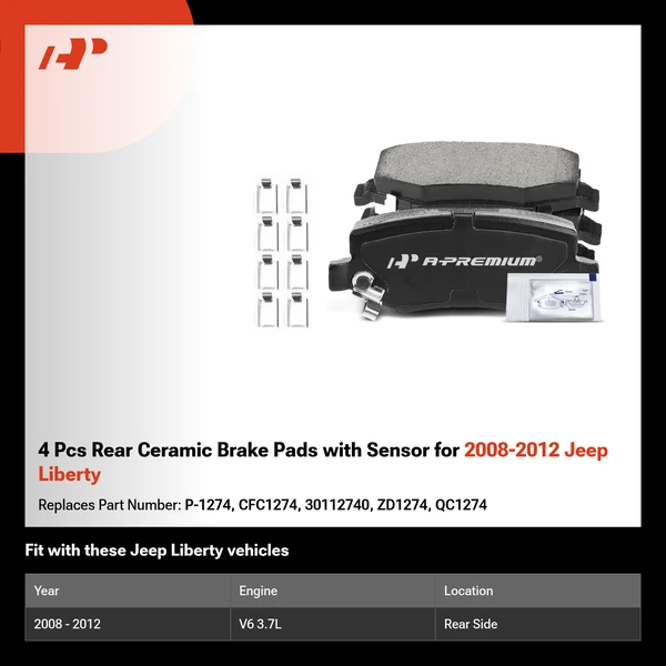 4 Pcs Rear Ceramic Brake Pads with Sensor for 2008-2012 Jeep Liberty