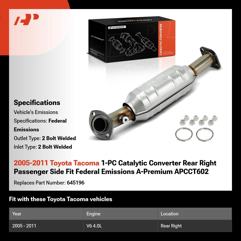2005-2011 Toyota Tacoma 1-PC Catalytic Converter Rear Right Passenger Side Fit Federal Emissions A-Premium APCCT602