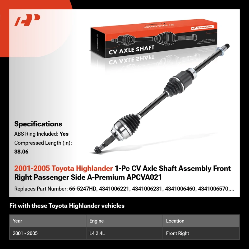 2001-2005 Toyota Highlander 1-Pc CV Axle Shaft Assembly Front Right Passenger Side A-Premium APCVA021