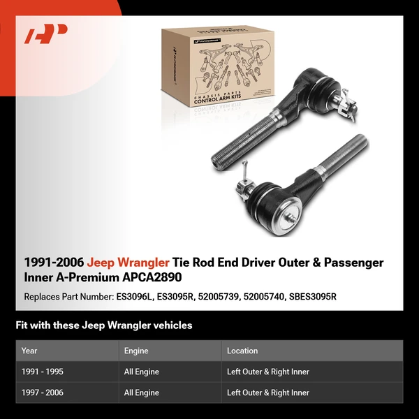 1991-2006 Jeep Wrangler Tie Rod End Driver Outer & Passenger Inner A-Premium APCA2890