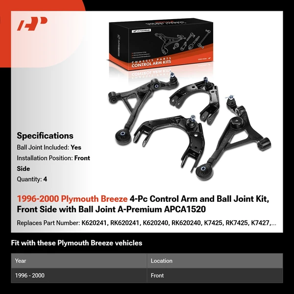 1996-2000 Plymouth Breeze 4-Pc Control Arm and Ball Joint Kit, Front Side with Ball Joint A-Premium APCA1520