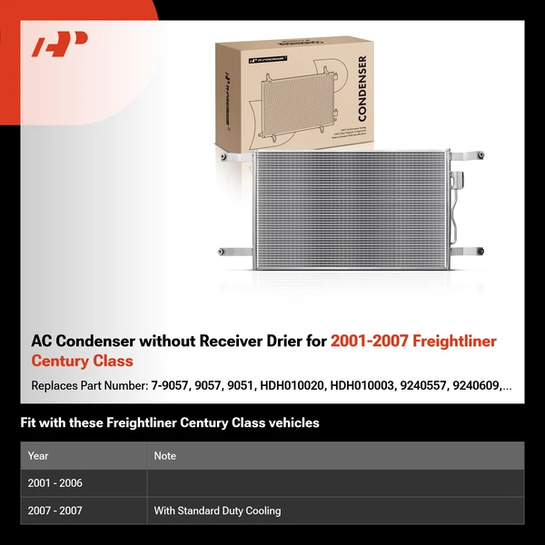 AC Condenser without Receiver Drier for 2001-2007 Freightliner Century Class