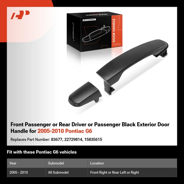 Front Passenger or Rear Driver or Passenger Black Exterior Door Handle for 2005-2010 Pontiac G6
