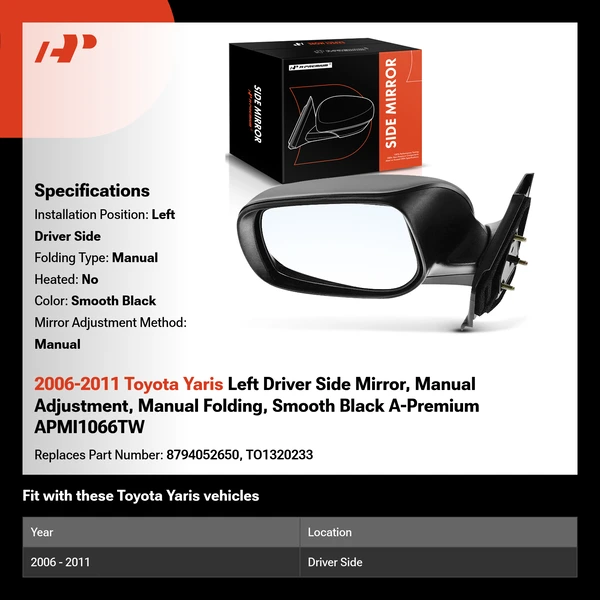 2006-2011 Toyota Yaris Left Driver Side Mirror, Manual Adjustment, Manual Folding, Smooth Black A-Premium APMI1066TW
