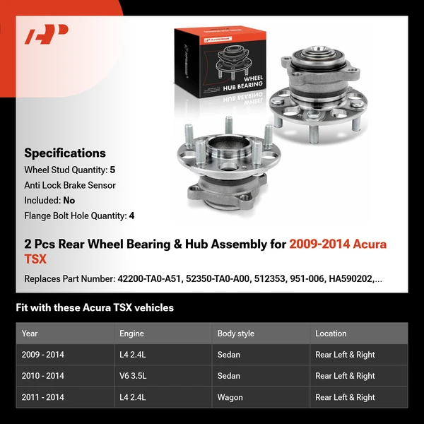 2 Pcs Rear Wheel Bearing & Hub Assembly for 2009-2014 Acura TSX
