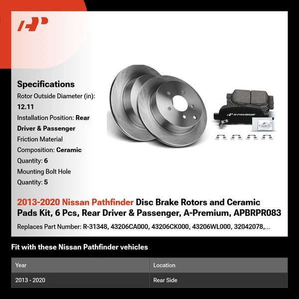 2013-2020 Nissan Pathfinder Disc Brake Rotors and Ceramic Pads Kit, 6 Pcs, Rear Driver & Passenger, A-Premium, APBRPR083