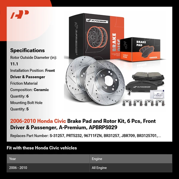 2006-2010 Honda Civic Brake Pad and Rotor Kit, 6 Pcs, Front Driver & Passenger, A-Premium, APBRPS029