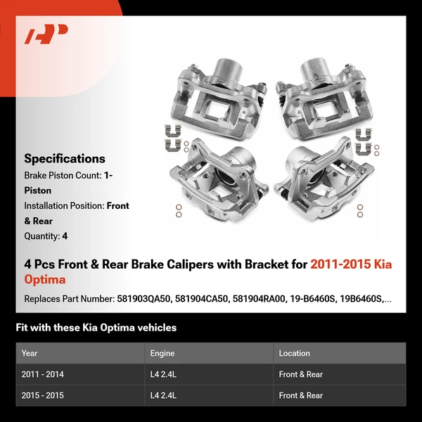 4 Pcs Front & Rear Brake Calipers with Bracket for 2011-2015 Kia Optima