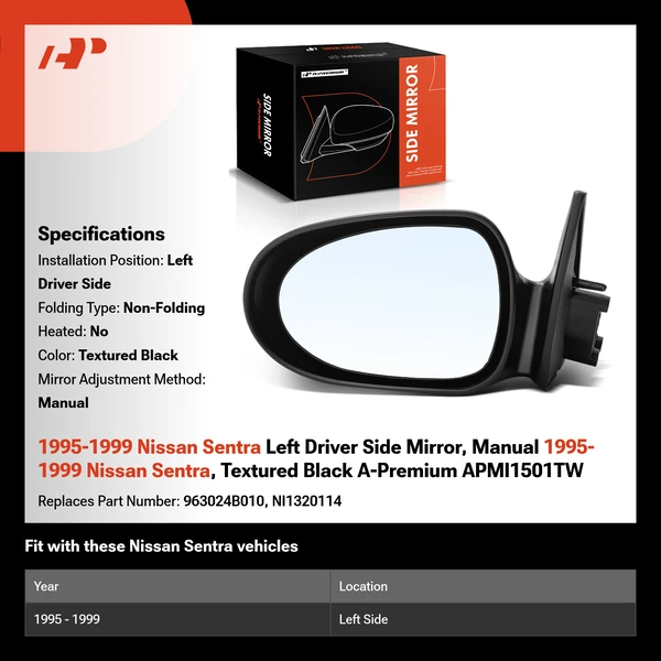 1995-1999 Nissan Sentra Left Driver Side Mirror, Manual 1995-1999 Nissan Sentra, Textured Black A-Premium APMI1501TW