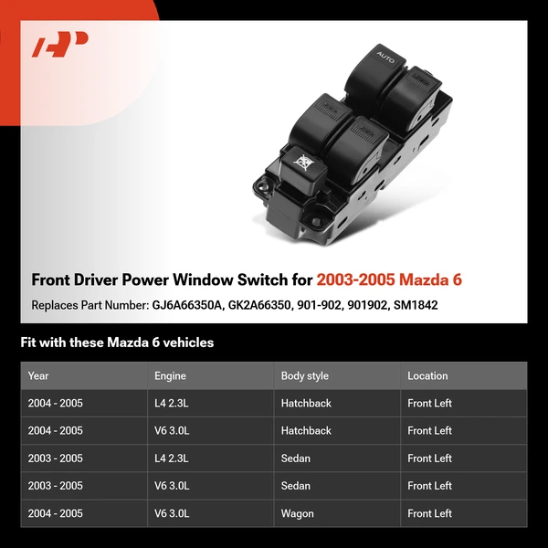 Front Driver Power Window Switch for 2003-2005 Mazda 6