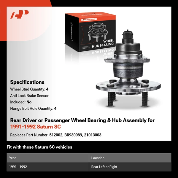 Rear Driver or Passenger Wheel Bearing & Hub Assembly for 1991-1992 Saturn SC