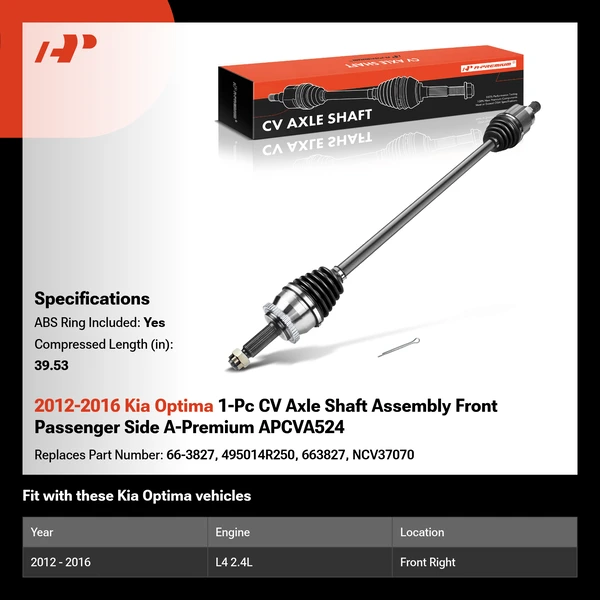 2012-2016 Kia Optima 1-Pc CV Axle Shaft Assembly Front Passenger Side A-Premium APCVA524
