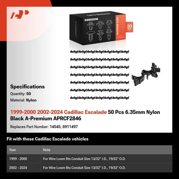 1999-2000 2002-2024 Cadillac Escalade 50 Pcs 6.35mm Nylon Black A-Premium APRCF2846