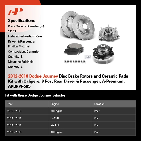 2012-2018 Dodge Journey Disc Brake Rotors and Ceramic Pads Kit with Calipers, 8 Pcs, Rear Driver & Passenger, A-Premium, APBRPR605