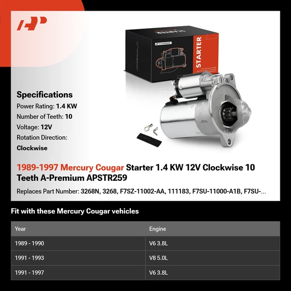 1989-1997 Mercury Cougar Starter 1.4 KW 12V Clockwise 10 Teeth A-Premium APSTR259