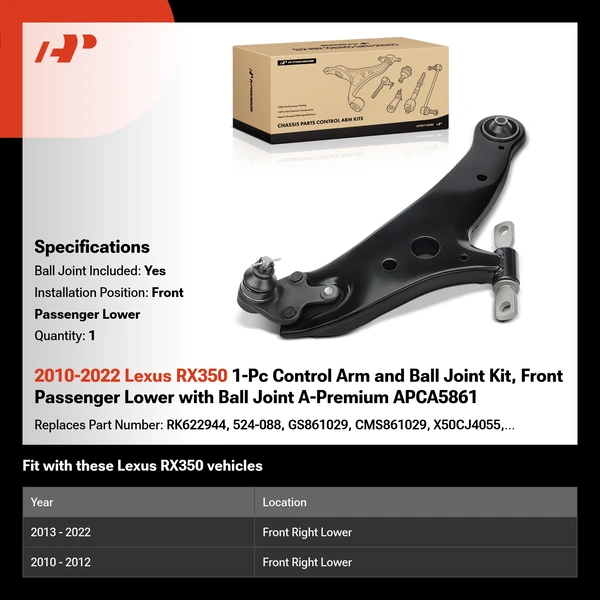 2010-2022 Lexus RX350 1-Pc Control Arm and Ball Joint Kit, Front Passenger Lower with Ball Joint A-Premium APCA5861