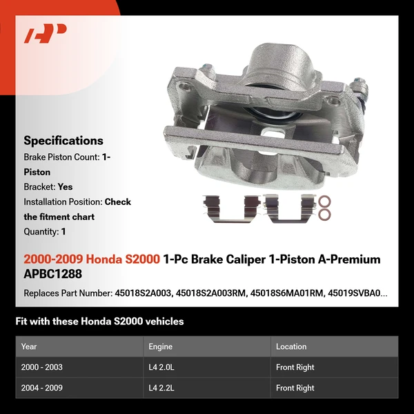 2000-2009 Honda S2000 1-Pc Brake Caliper 1-Piston A-Premium APBC1288