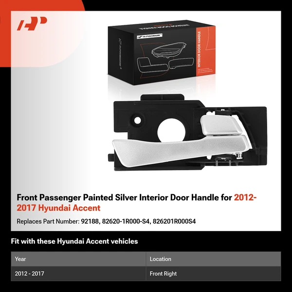 Front Passenger Painted Silver Interior Door Handle for 2012-2017 Hyundai Accent