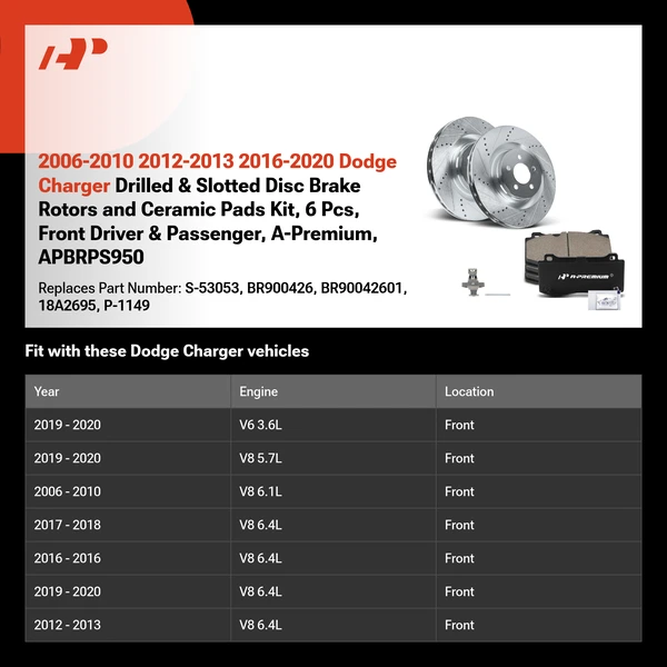 2006-2010 2012-2013 2016-2020 Dodge Charger Drilled & Slotted Disc Brake Rotors and Ceramic Pads Kit, 6 Pcs, Front Driver & Passenger, A-Premium, APBRPS950
