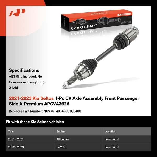 2021-2023 Kia Seltos 1-Pc CV Axle Assembly Front Passenger Side A-Premium APCVA3626