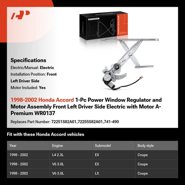 1998-2002 Honda Accord 1-Pc Power Window Regulator and Motor Assembly Front Left Driver Side Electric with Motor A-Premium WR0137