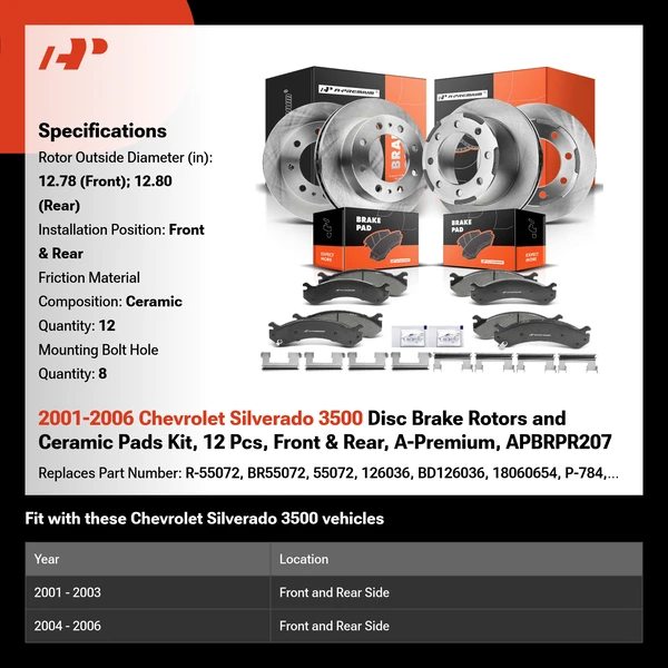 2001-2006 Chevrolet Silverado 3500 Disc Brake Rotors and Ceramic Pads Kit, 12 Pcs, Front & Rear, A-Premium, APBRPR207
