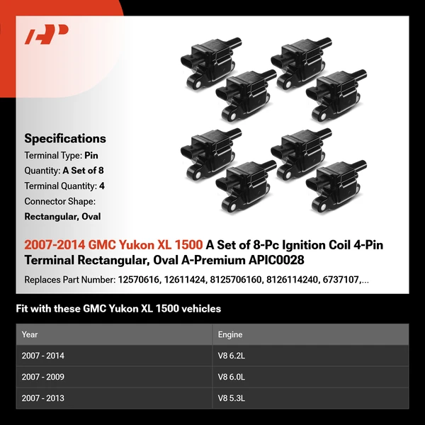 2007-2014 GMC Yukon XL 1500 A Set of 8-Pc Ignition Coil 4-Pin Terminal Rectangular, Oval A-Premium APIC0028