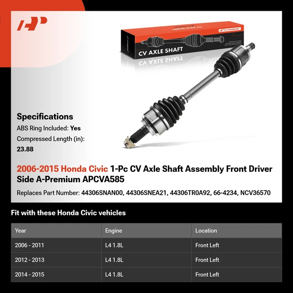 2006-2015 Honda Civic 1-Pc CV Axle Shaft Assembly Front Driver Side A-Premium APCVA585