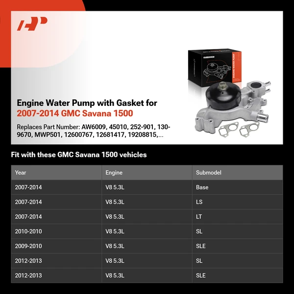 Engine Water Pump with Gasket for 2007-2014 GMC Savana 1500