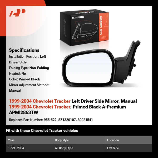 1999-2004 Chevrolet Tracker Left Driver Side Mirror, Manual 1999-2004 Chevrolet Tracker, Primed Black A-Premium APMI2863TW