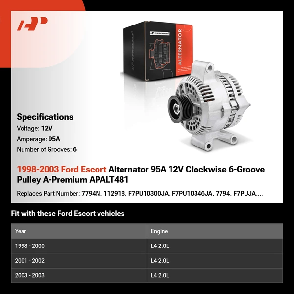 1998-2003 Ford Escort Alternator 95A 12V Clockwise 6-Groove Pulley A-Premium APALT481