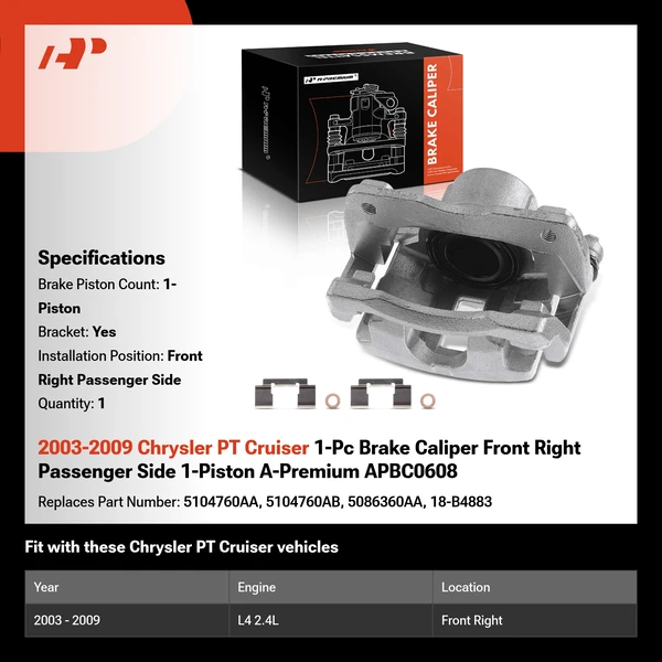 2003-2009 Chrysler PT Cruiser 1-Pc Brake Caliper Front Right Passenger Side 1-Piston A-Premium APBC0608
