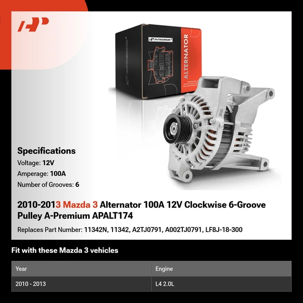 2010-2013 Mazda 3 Alternator 100A 12V Clockwise 6-Groove Pulley A-Premium APALT174