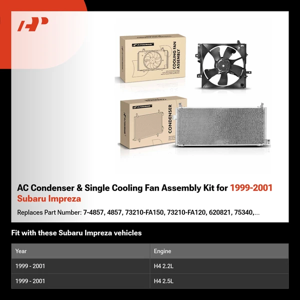 AC Condenser & Single Cooling Fan Assembly Kit for 1999-2001 Subaru Impreza