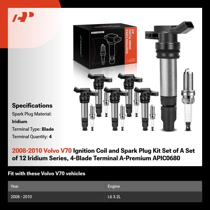 2008-2010 Volvo V70 Ignition Coil and Spark Plug Kit Set of A Set of 12 Iridium Series, 4-Blade Terminal A-Premium APIC0680