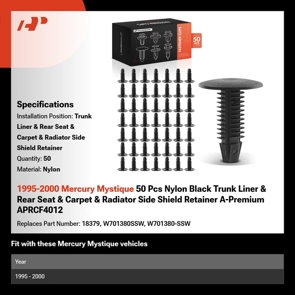 1995-2000 Mercury Mystique 50 Pcs Nylon Black Trunk Liner & Rear Seat & Carpet
 & Radiator Side Shield Retainer A-Premium APRCF4012