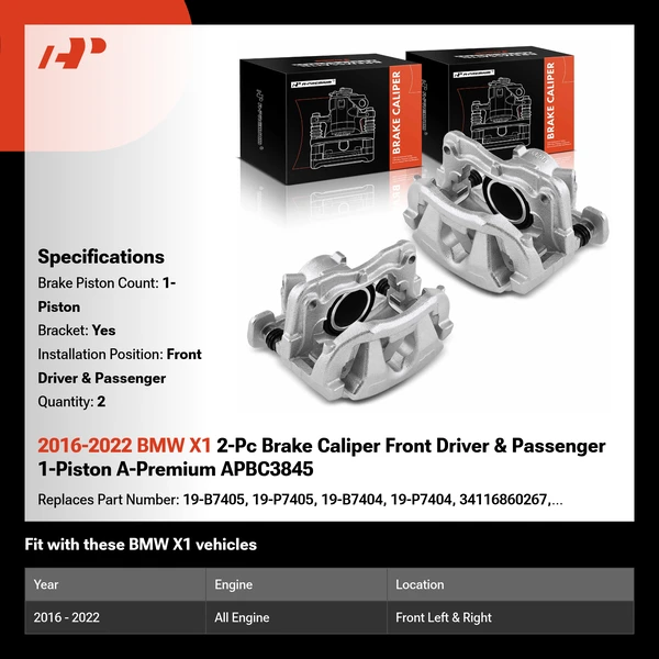 2016-2022 BMW X1 2-Pc Brake Caliper Front Driver & Passenger 1-Piston A-Premium APBC3845