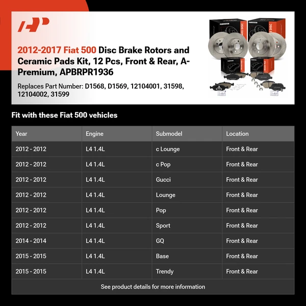 2012-2017 Fiat 500 Disc Brake Rotors and Ceramic Pads Kit, 12 Pcs, Front & Rear, A-Premium, APBRPR1936