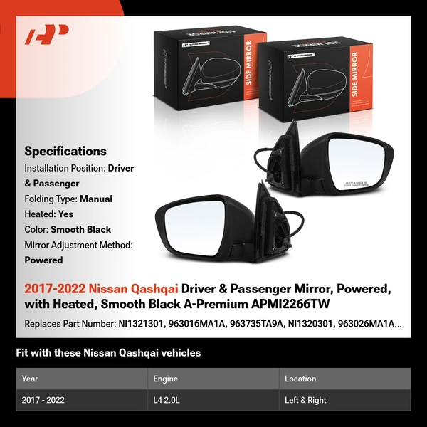 2017-2022 Nissan Qashqai Driver & Passenger Mirror, Powered, with Heated, Smooth Black A-Premium APMI2266TW