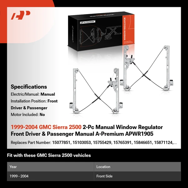 1999-2004 GMC Sierra 2500 2-Pc Manual Window Regulator Front Driver & Passenger Manual A-Premium APWR1905