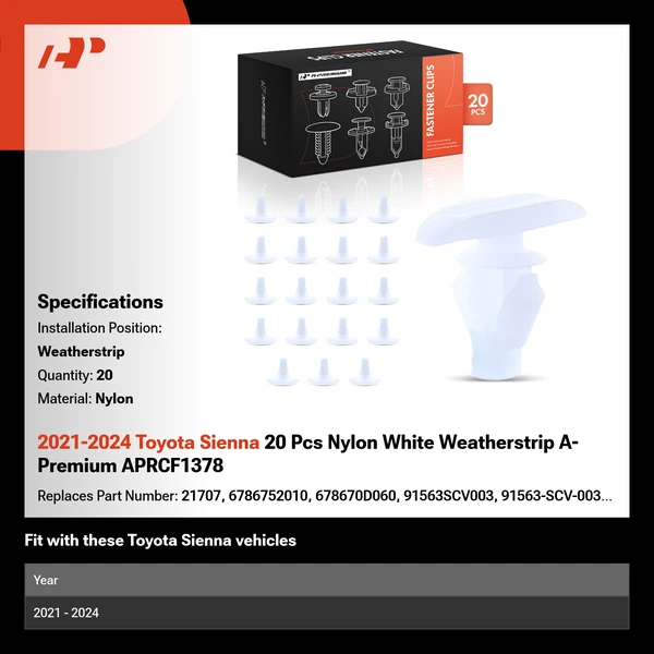 2021-2024 Toyota Sienna 20 Pcs Nylon White Weatherstrip A-Premium APRCF1378