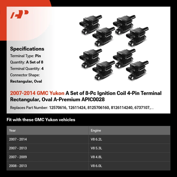 2007-2014 GMC Yukon A Set of 8-Pc Ignition Coil 4-Pin Terminal Rectangular, Oval A-Premium APIC0028