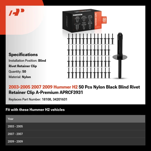 2003-2005 2007 2009 Hummer H2 50 Pcs Nylon Black Blind Rivet Retainer Clip A-Premium APRCF3931