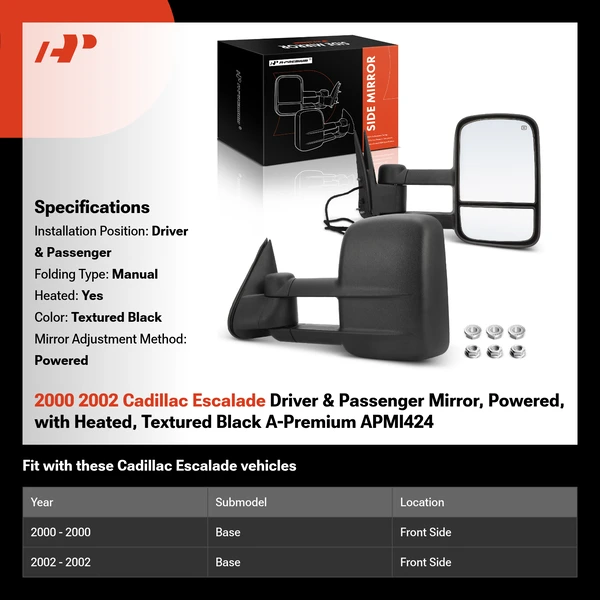 2000 2002 Cadillac Escalade Driver & Passenger Mirror, Powered, with Heated, Textured Black A-Premium APMI424