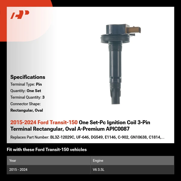2015-2024 Ford Transit-150 One Set-Pc Ignition Coil 3-Pin Terminal Rectangular, Oval A-Premium APIC0087