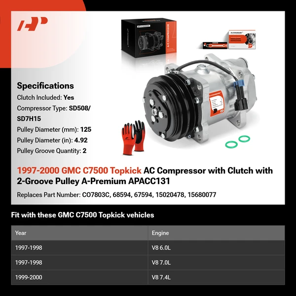 1997-2000 GMC C7500 Topkick AC Compressor with Clutch with 2-Groove Pulley A-Premium APACC131