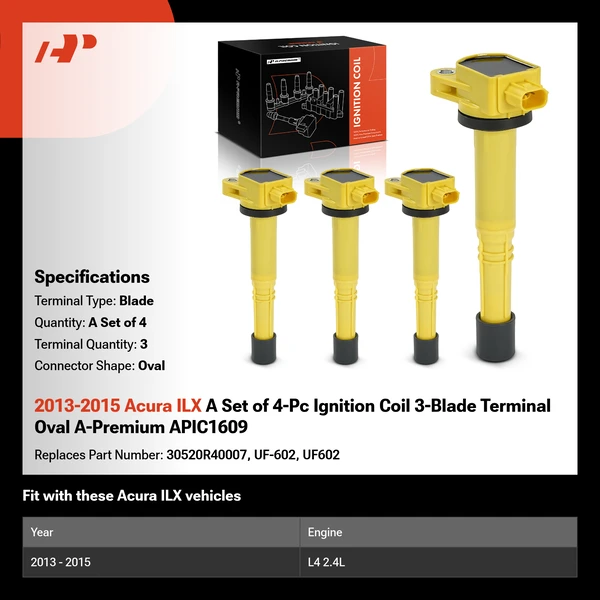 2013-2015 Acura ILX A Set of 4-Pc Ignition Coil 3-Blade Terminal Oval A-Premium APIC1609