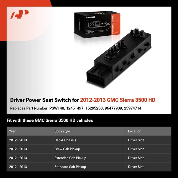 Driver Power Seat Switch for 2012-2013 GMC Sierra 3500 HD
